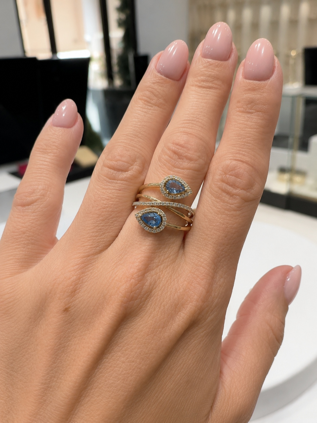 Gold Sapphire Duet Bypass Ring