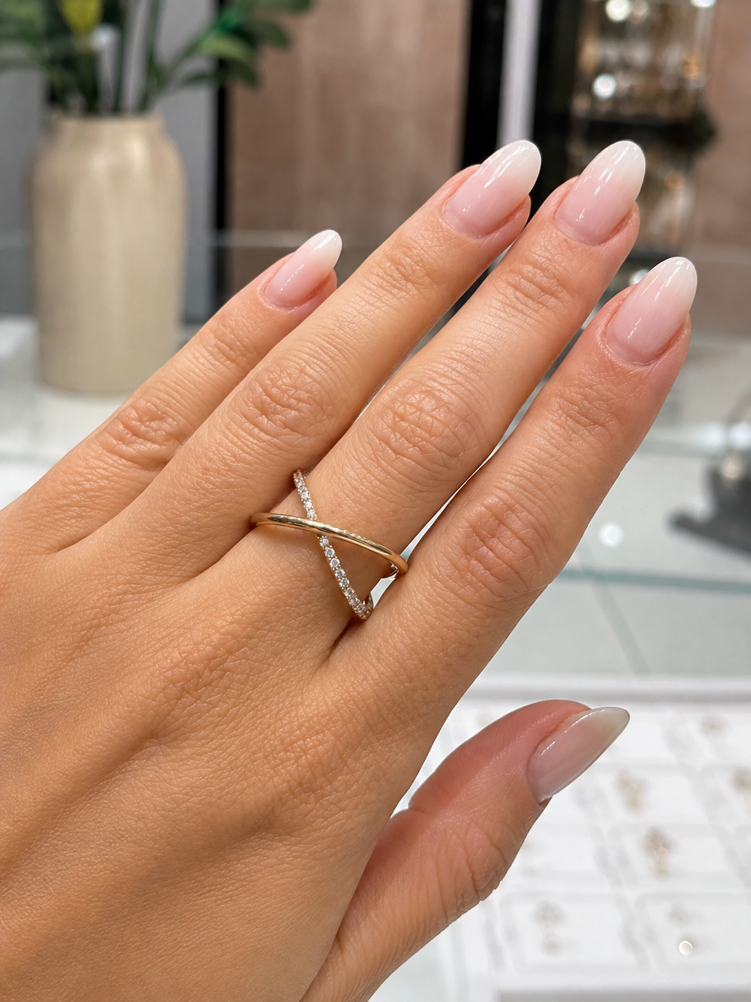 Gold Cross Half Diamond Ring