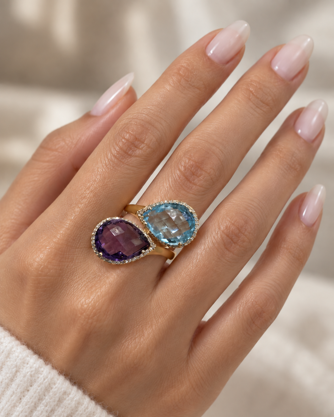 Gold Duet Blue Topaz & Amethyst Ring