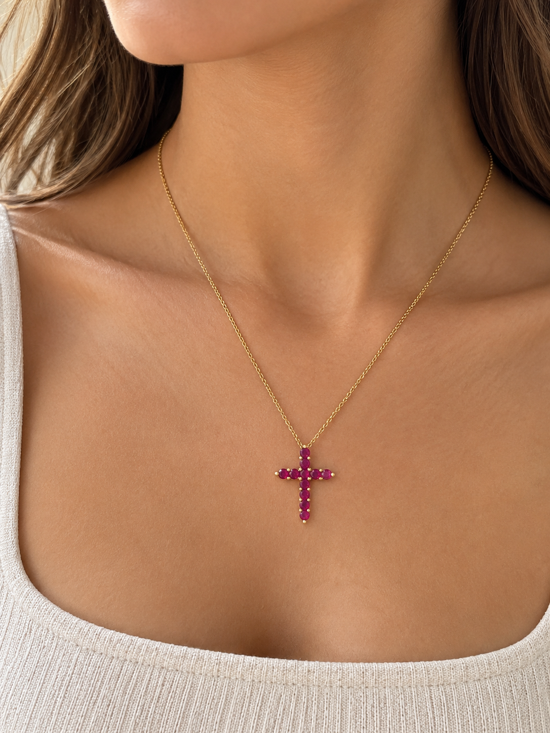 Gold and Ruby Cross Necklace