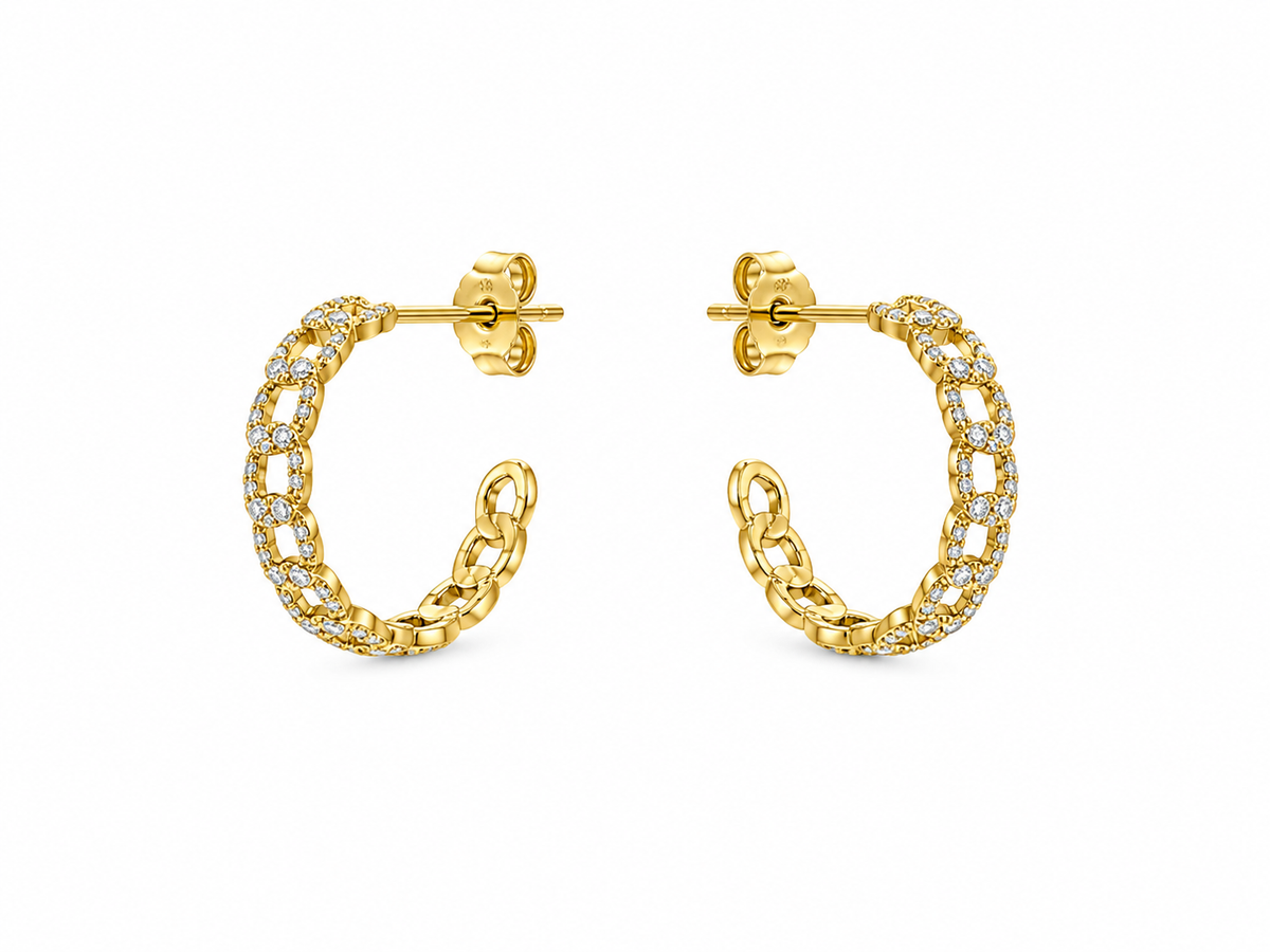 Gold Cuban Chain Diamond Hoop Earrings