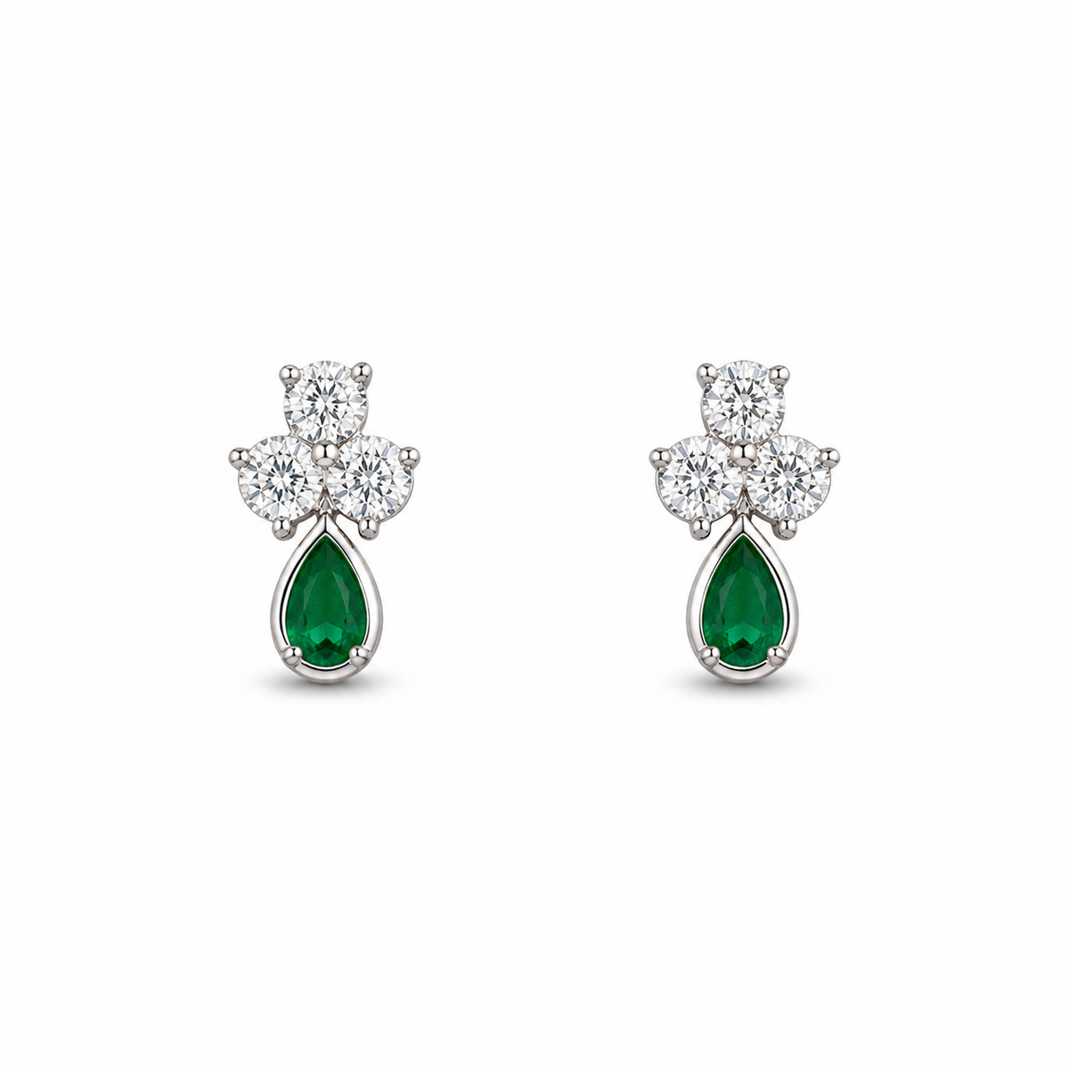 Gold Trefoil Emerald White Stud Earrings