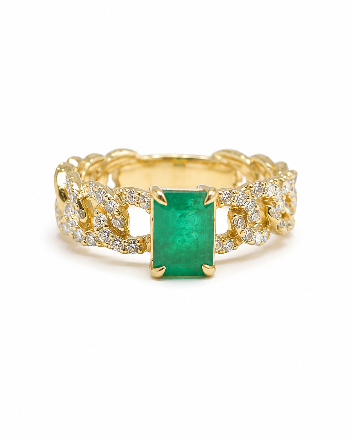 Gold Cuban Chain Emerald Ring