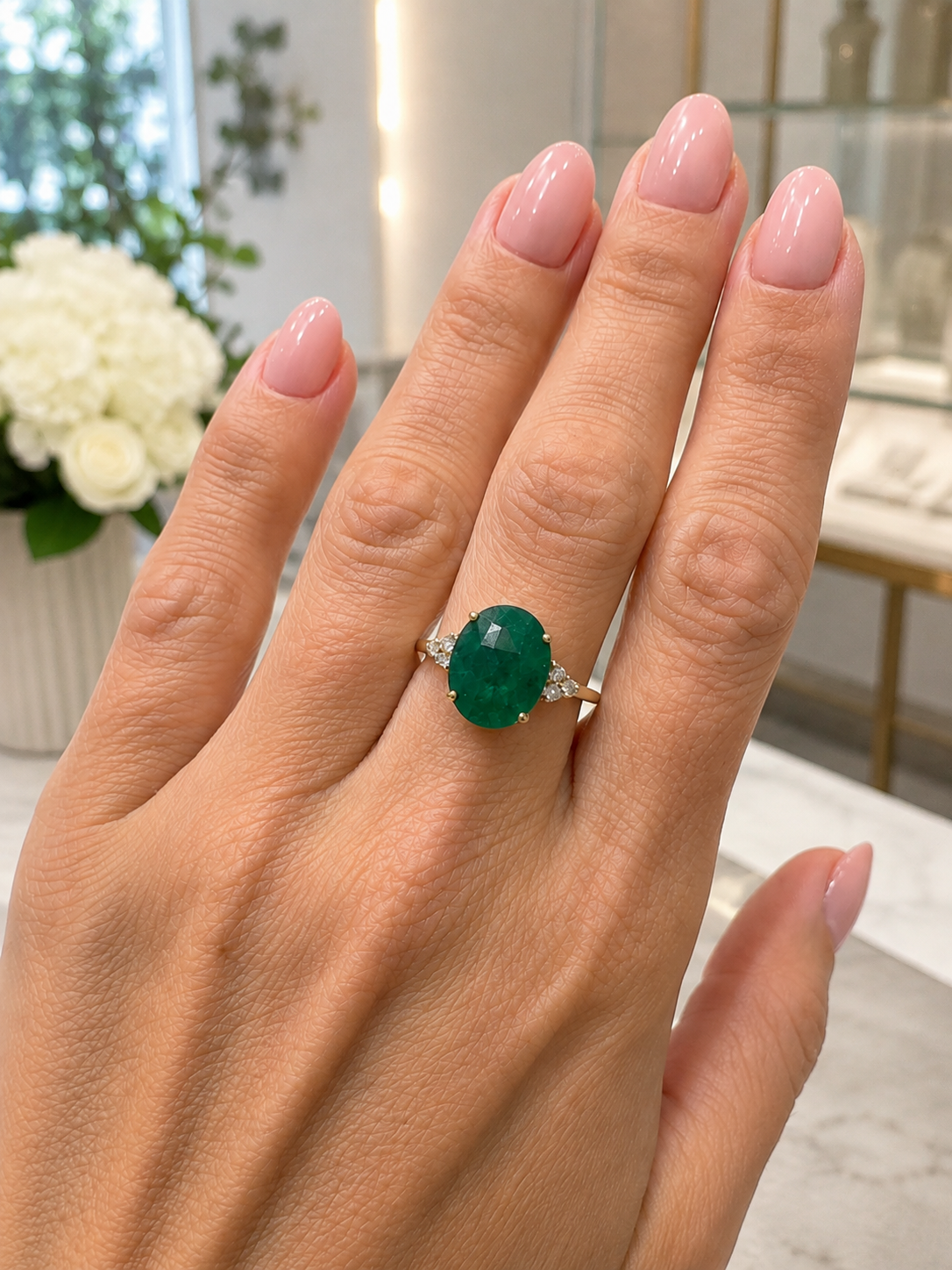 Gold Oval Emerald & Diamond Ring