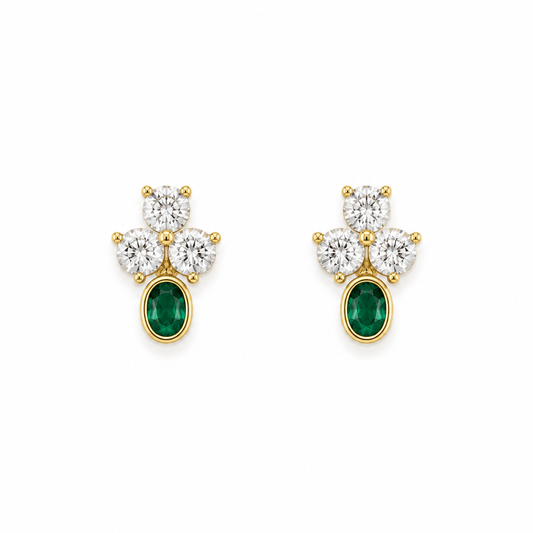 Gold Trefoil Emerald YG Stud Earrings