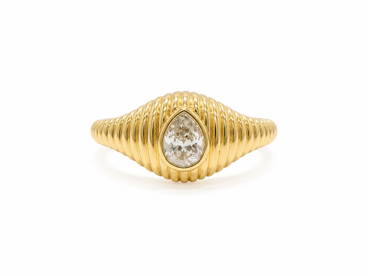 Gold Ribbed Pear Signet Ring