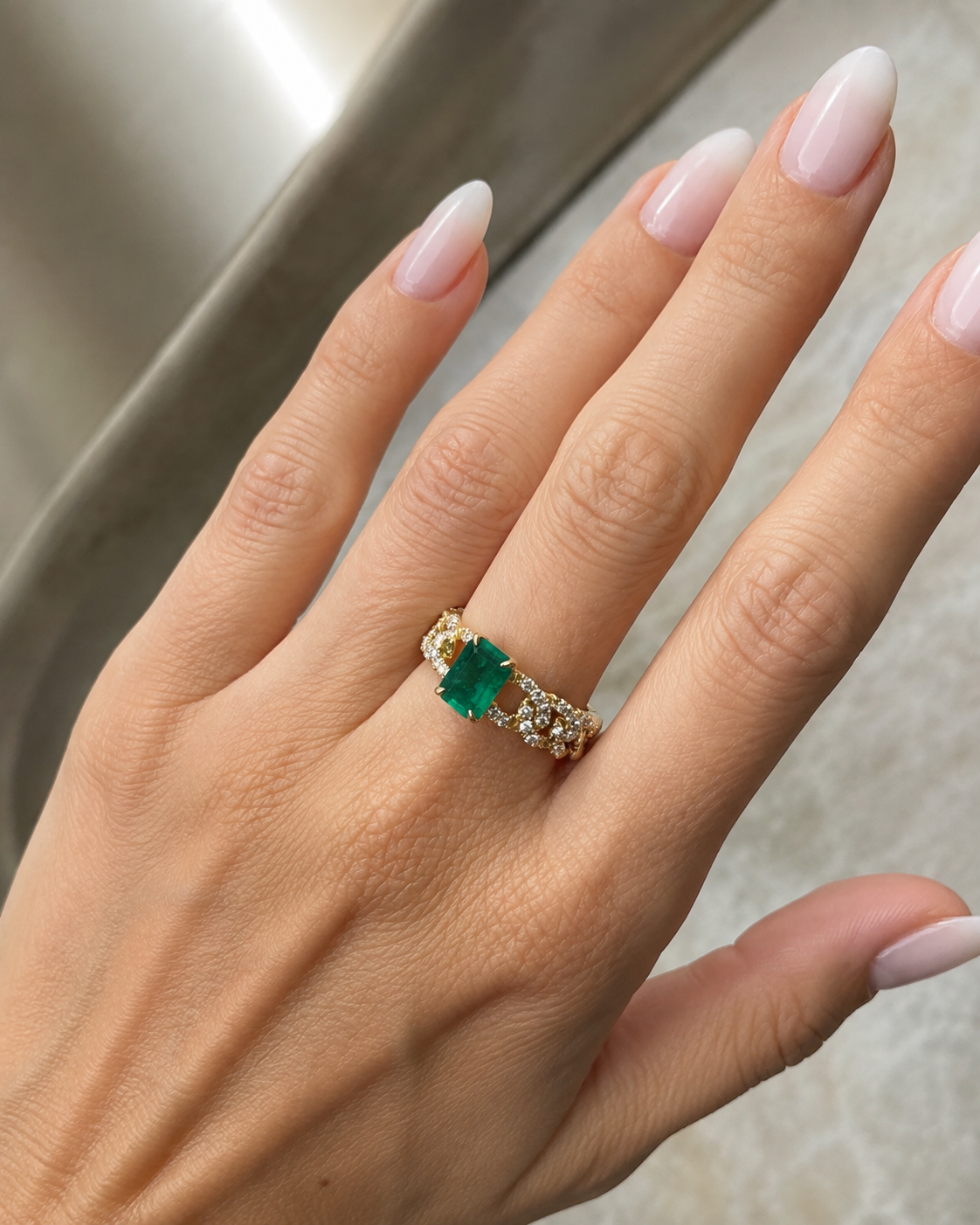 Gold Cuban Chain Emerald Ring