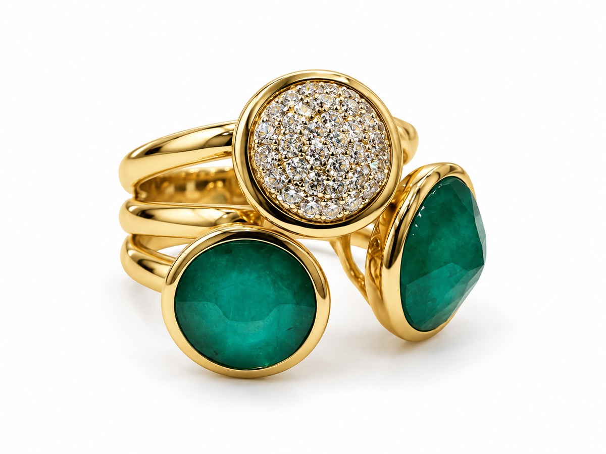 Gold Halo Trio Emerald Ring