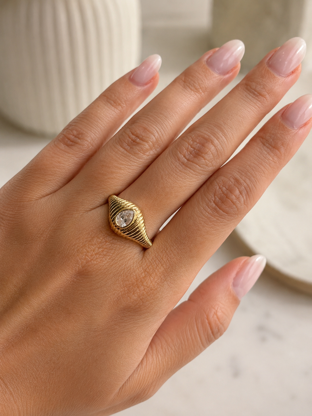 Gold Ribbed Pear Signet Ring