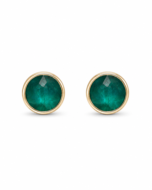 Gold Emerald Round Stud Earrings