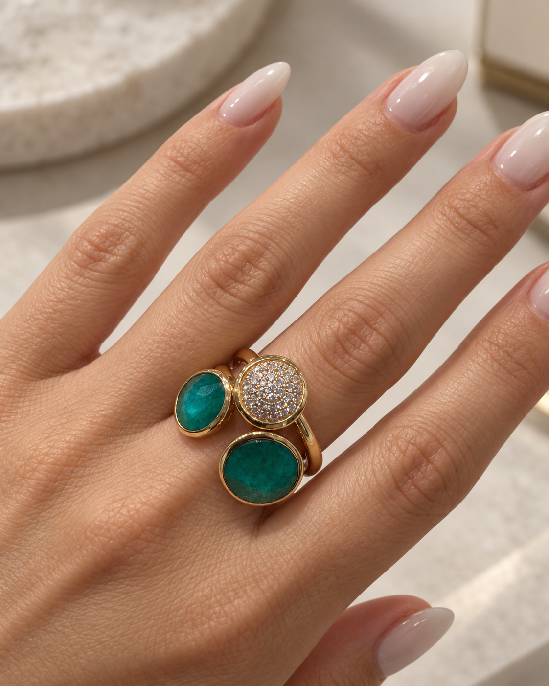 Gold Halo Trio Emerald Ring