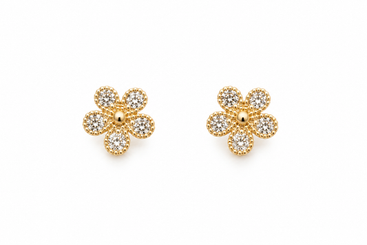 Gold and Cz Flower Baby Stud Earrings