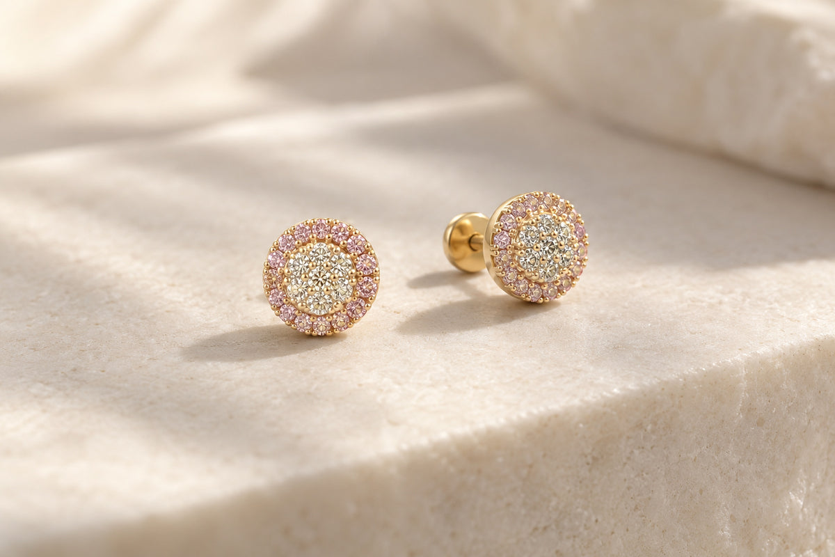 Gold Cz Pink Baby Stud Earrings