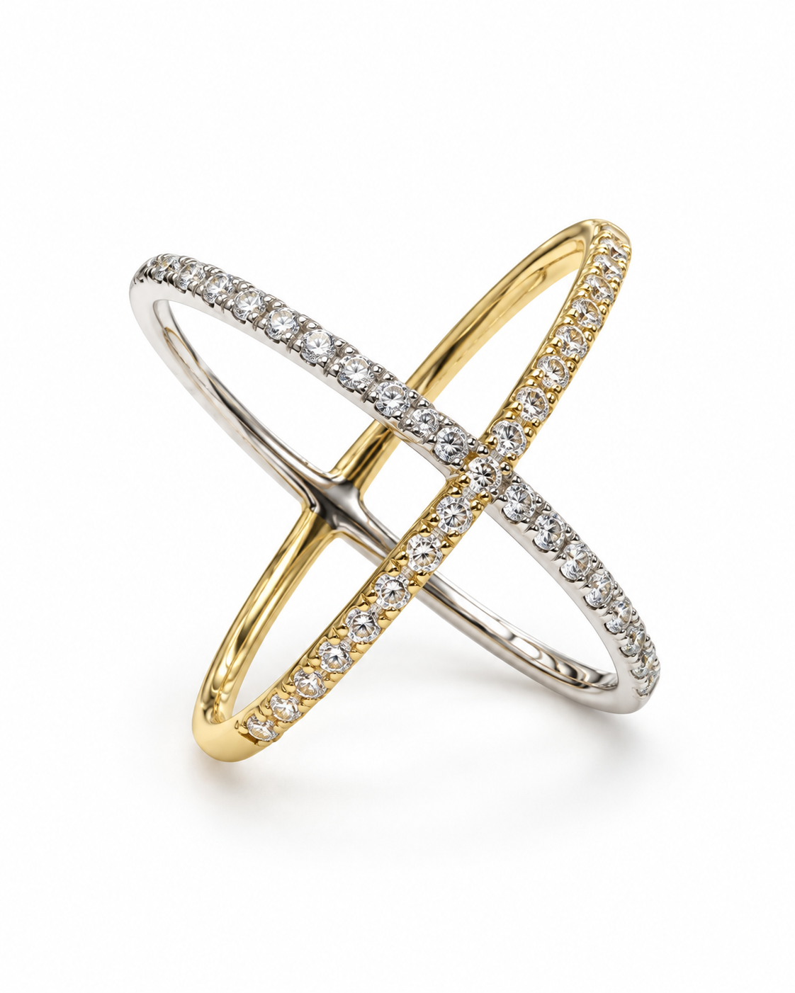 Gold Two Tone Diamond X Ring