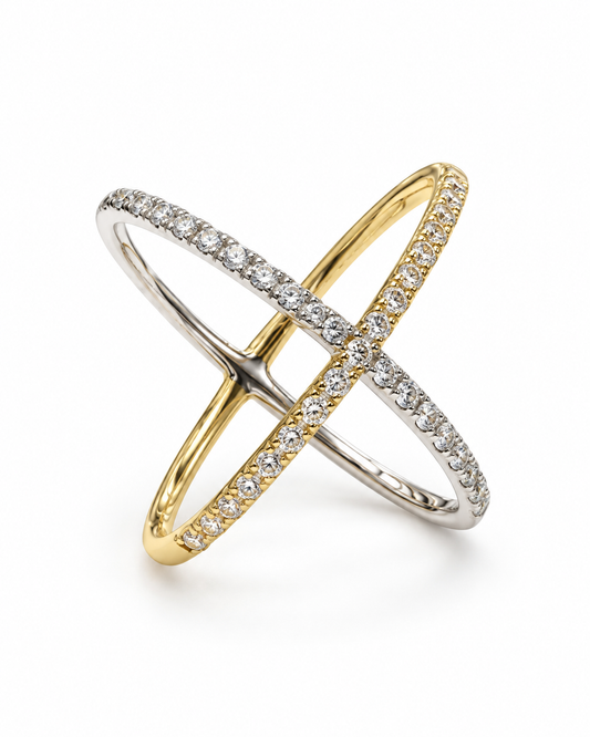 Gold Two Tone Diamond X Ring