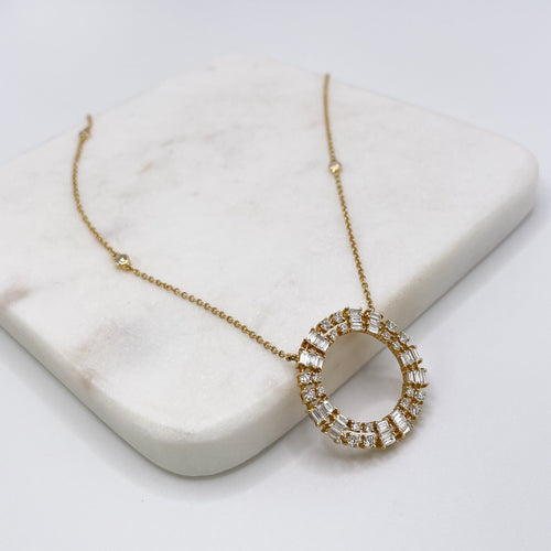 Gold Diamond Baguette Full Circle Pendant Necklace