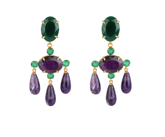 Bounkit Green Onyx, Amethyst, and Chariot Chandelier Earrings