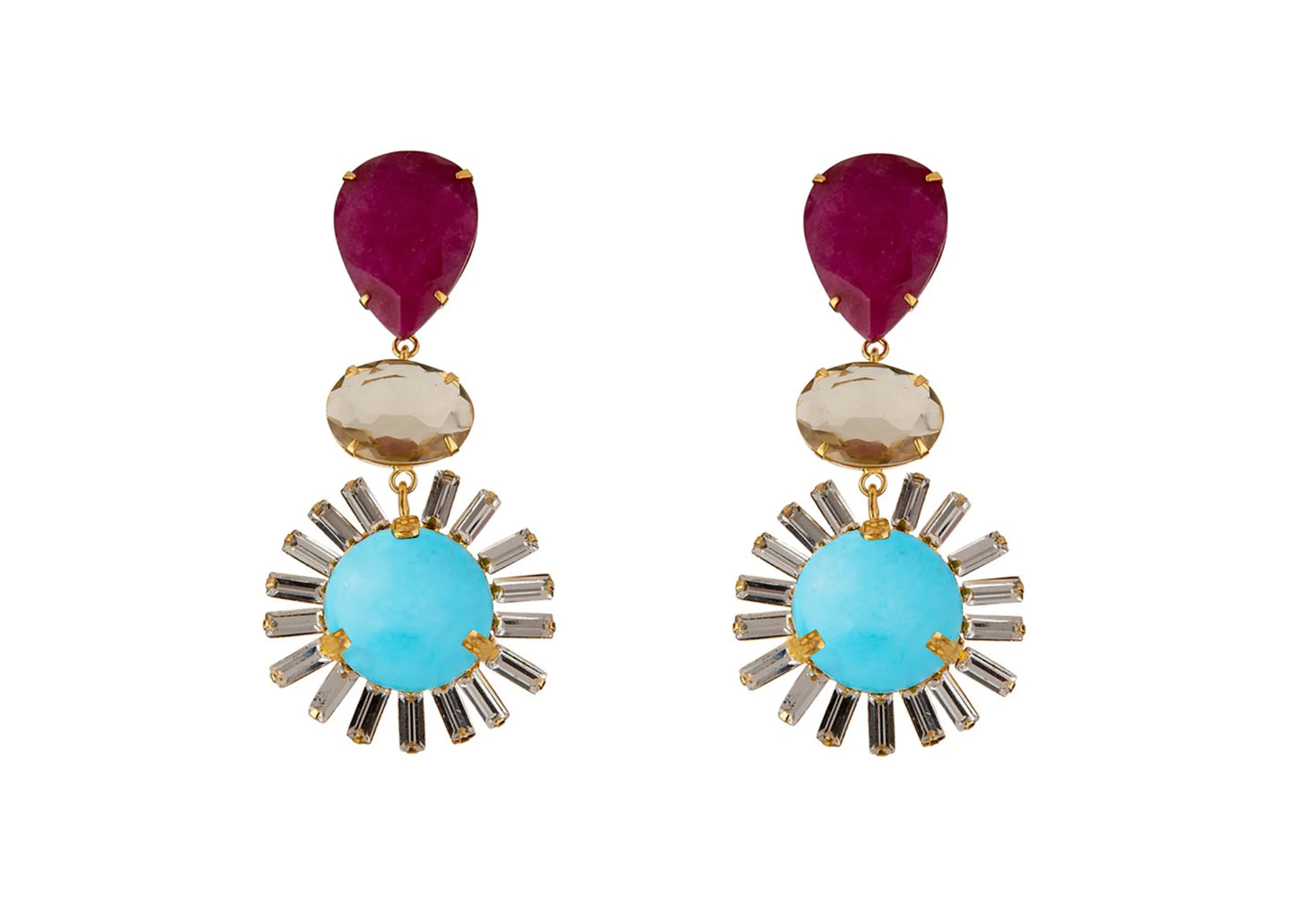 Bounkit Turquoise, Lemon Quartz & Ruby Statement Earrings