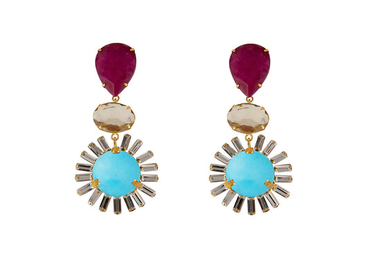 Bounkit Turquoise, Lemon Quartz & Ruby Statement Earrings
