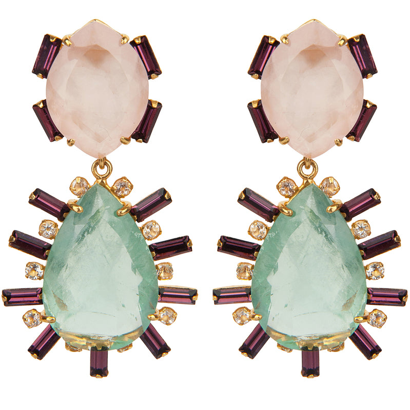 Bounkit 2 in 1 Rose Quartz, Flourite, CZ & Clear Quartz Earrings