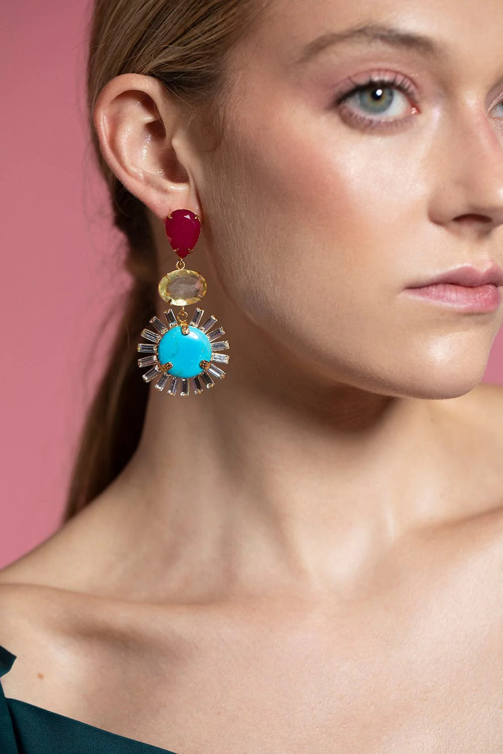 Bounkit Turquoise, Lemon Quartz & Ruby Statement Earrings